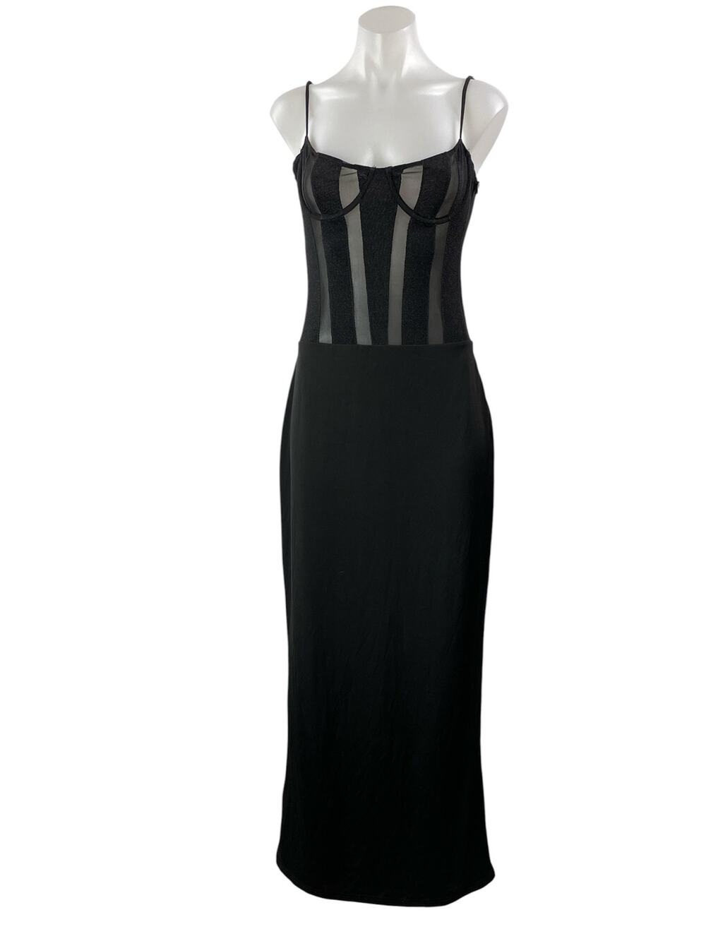 NEW Meshki Priya Black Mesh Sheer Bustier Corset Cami Sleeveless Maxi Dress L
